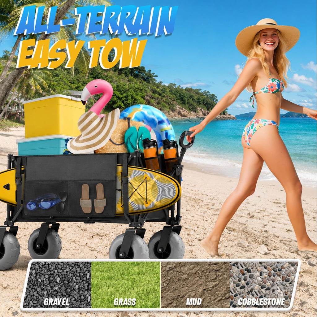 Beach Wagon with Big Wheels for Sand, 350lbs Heavy Duty Folding Wagon, Oversized 180L, 9" PVC All-Terrain Wheels, Adjustable Handle, Cooler & Storage Bags for Beach, Camping & Outdoor Sports (Black)