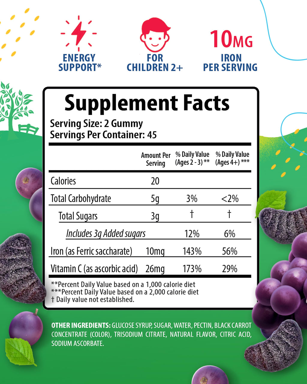 SUNNY SAM Iron Gummies for Kids & Teens - 10mg Iron Vitamins with Vitamin C - Low-Sugar Chewable Gummy Supplement for Immune Support, Supports Red Blood Cell Production for Children & Teen Girls