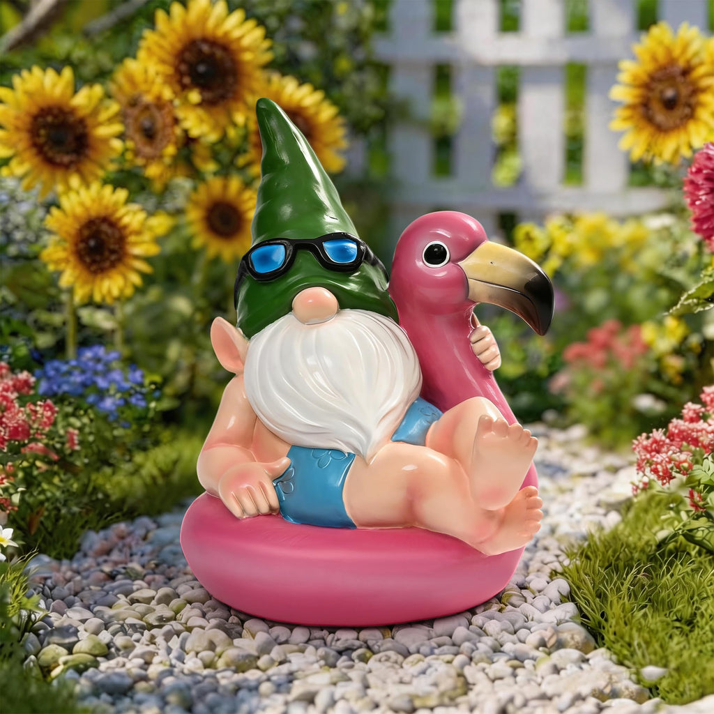 TISEJOY Garden Gnomes Outdoor Statues, Funny Flamingo Decor Gnomes Decor for Yard Patio Garden, Summer Gnomes Sculptures for Home Desk Table Pool Backyard, Garden Gifts for Mom, Friends