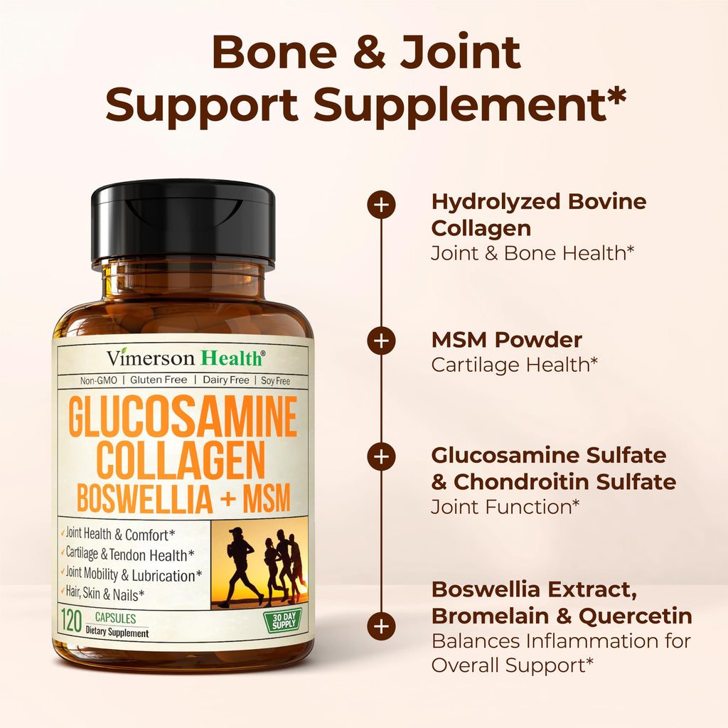 Glucosamine Chondroitin MSM with Hydrolyzed Collagen Peptides - Joint Support Supplement with Quercetin, Bromelain & Boswellia Extract - Collagen pills for Hair Skin Nails - FSA Eligible 120 Caps