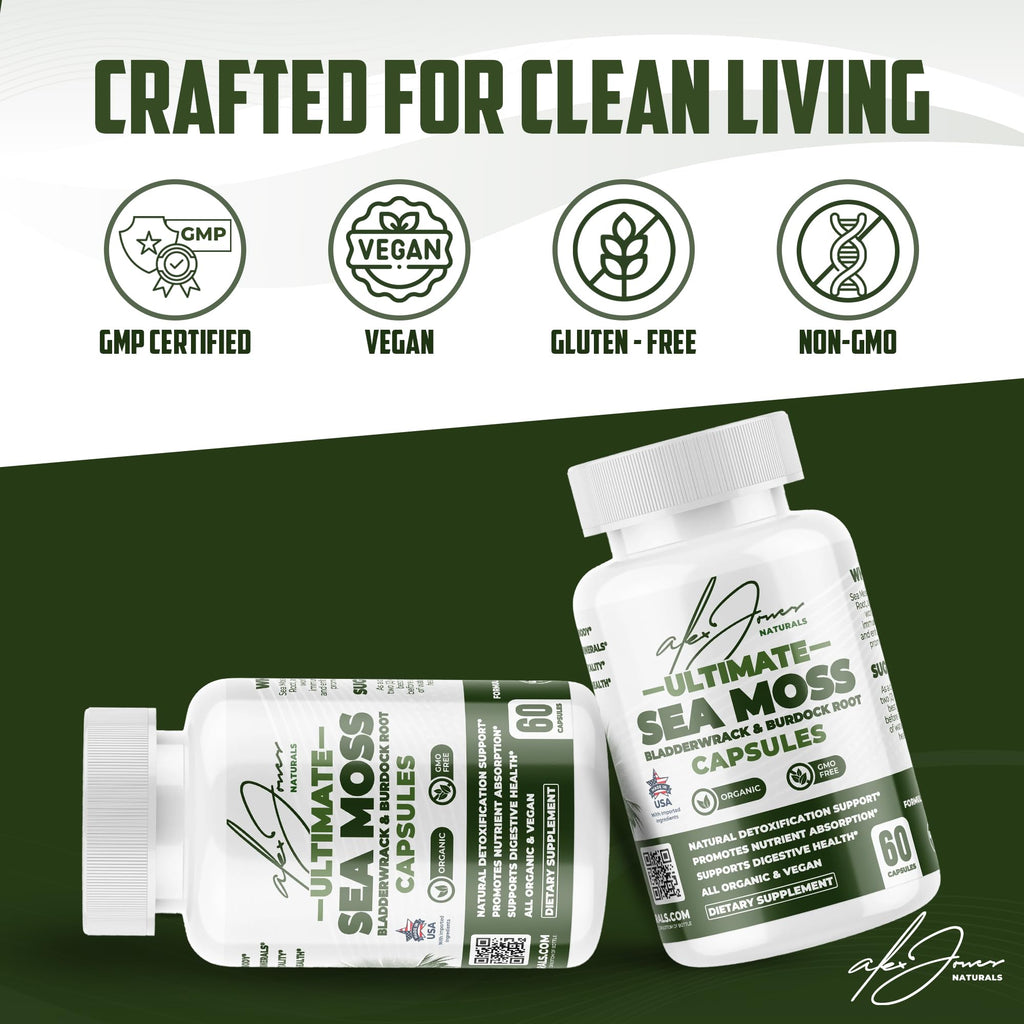 Alex Jones Ultimate Seamoss Capsules – Vegan, Non-GMO Seaweed Supplement w/Bladderwrack & Burdock Root – Immune Boost, Energy Support Sea Moss Supplements for Men & Women - 60 Nutrition Support Pills