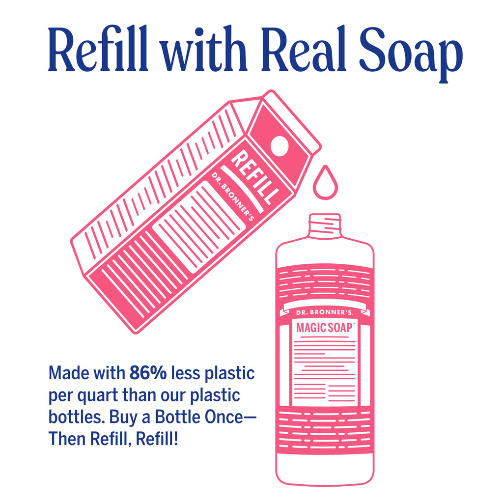 Dr. Bronner's Pure-Castile Magic Soap Liquid- Made with Regenerative Organic Certified Oils- For Body, Face, Hair, Dishes, Laundry, Vegan Bath Soaps for Men & Women, Non-GMO - Rose, 32oz + Refill