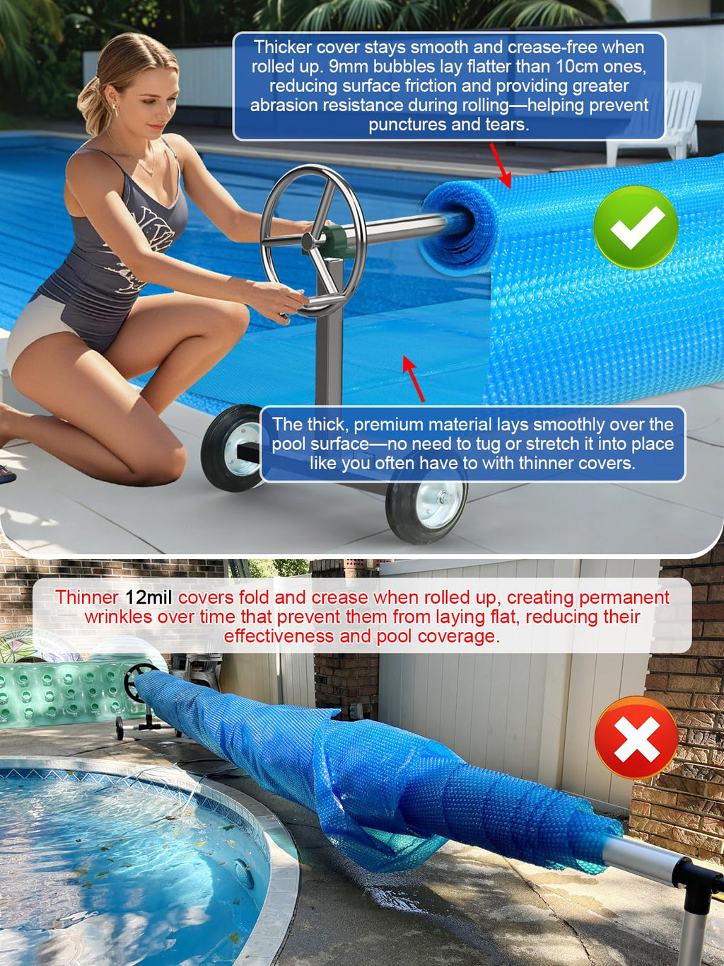Abimars 16 Mil Solar Pool Cover with UPF 50+ UV Protection, 12’ x 24’ Rectangle Pool Solar Blanket for Inground & Above Ground Pools, 1600 Series, Heat/Chemical Resistant Cover, Blue