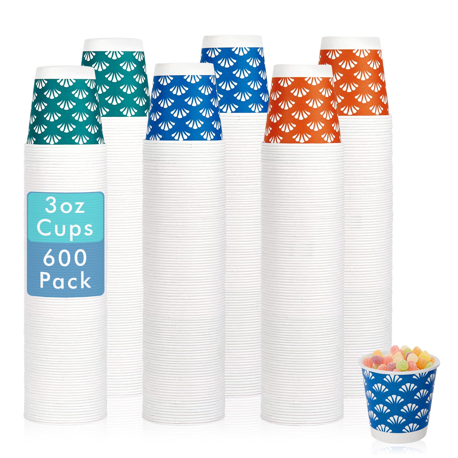 JollyPack 600 Pack 3 oz Disposable Bathroom Paper Cups, Small Mouthwash Cups in Orange, Blue, and Green, Great for Candy, Biscuits, Bathroom Use, Parties, Picnics, and Travel