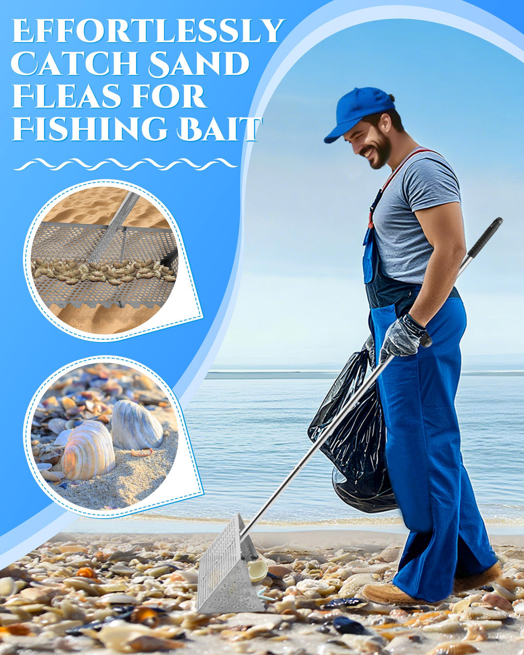 Sand Flea Rake 16" Wide - Detachable 54" Handle with Shark Tooth Screen - Steel Beach Rake for Fishing Bait, Shelling, Yard Cleaning