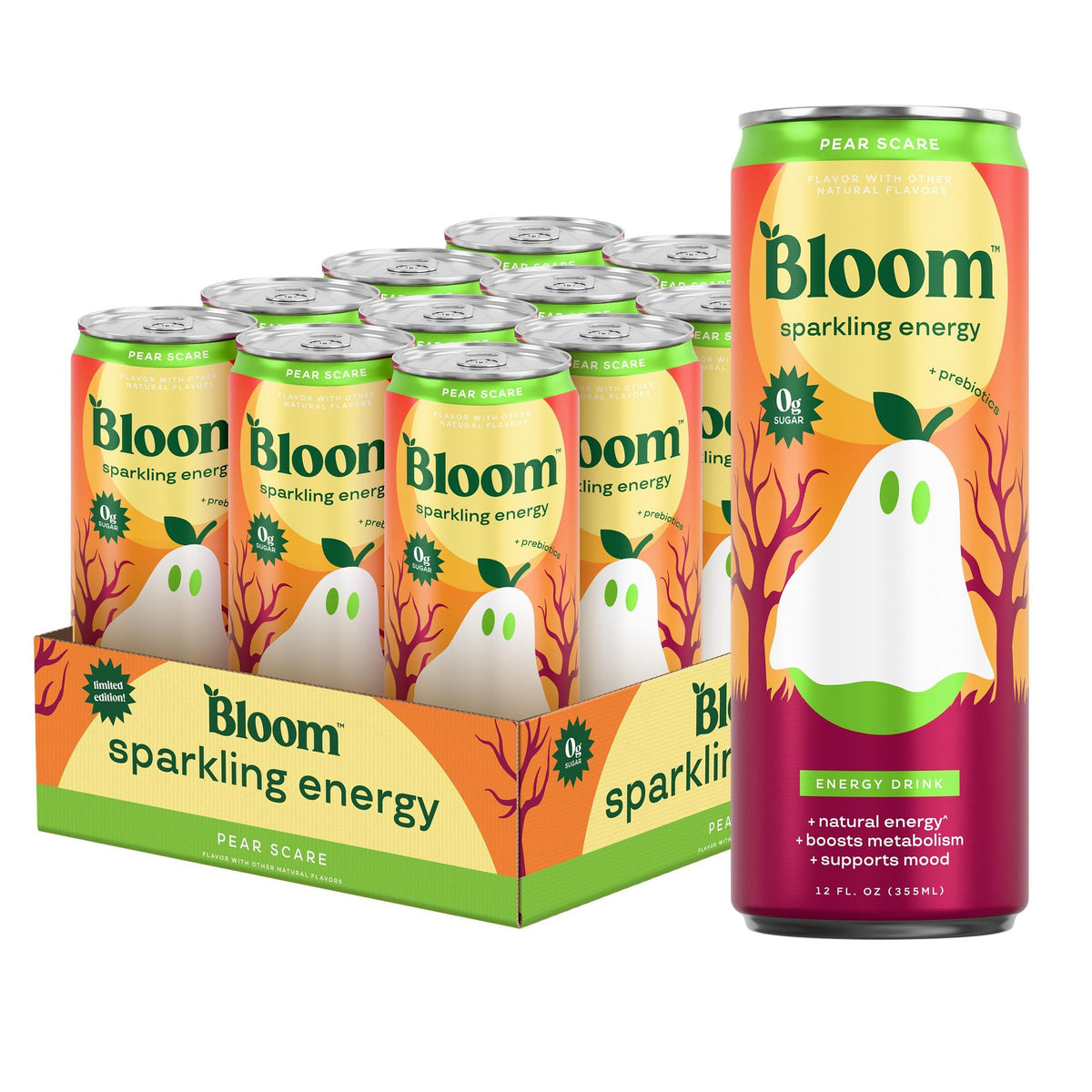 Bloom Nutrition Zero Sugar Energy Drink, Pear Scare, 12oz 12pk