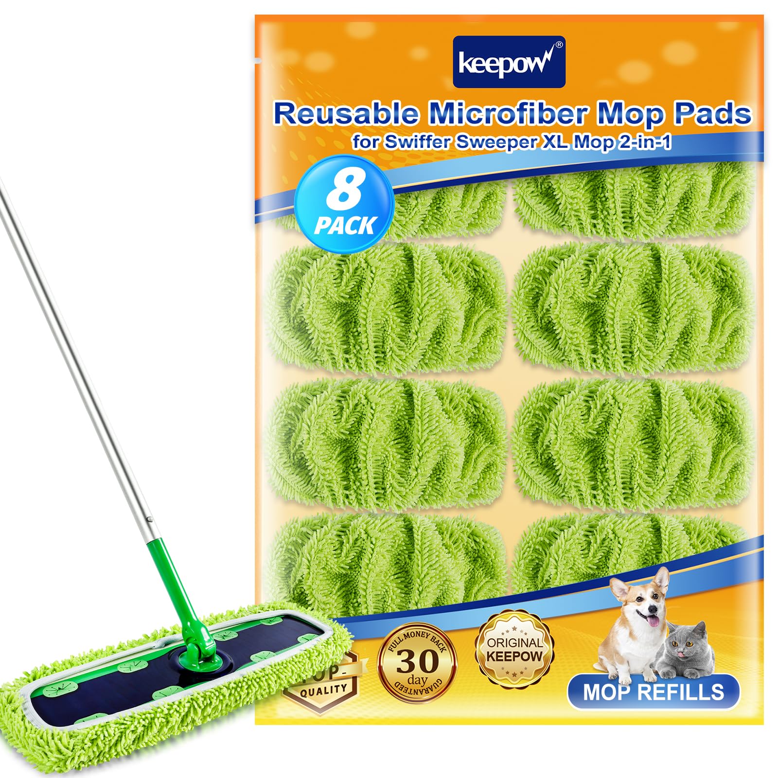 KEEPOW Reusable XL Mop Pads Compatible with Swiffer XL Sweeper, XL Dry Sweeping Cloths, XL Wet Mopping Cloths, Washable Microfiber XL Wet Pads Refills for Surface/Hardwood Floor Cleaning, 8 Pack