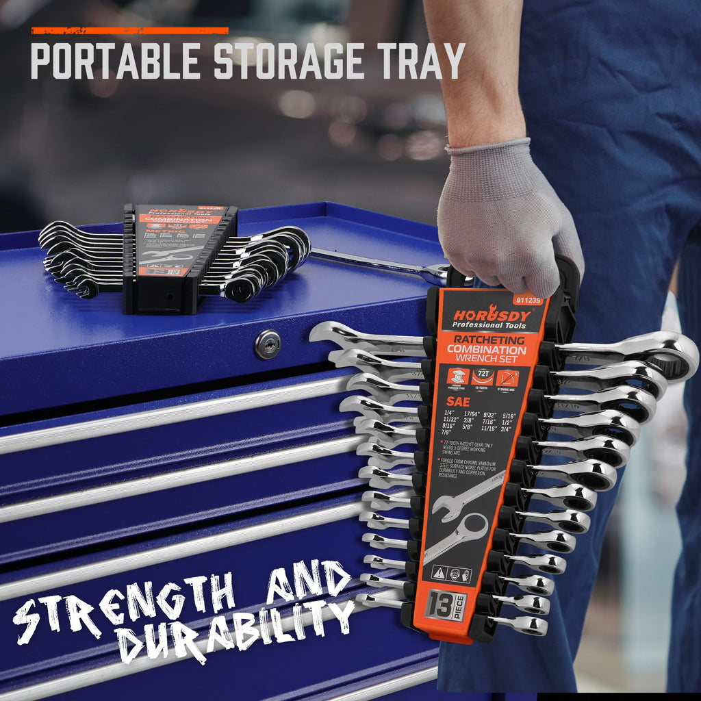 HORUSDY 26-Piece Ratcheting Wrench Set | Metric and SAE | Ratchet Combination Wrenches Set with Organizer | 72-Tooth | Chrome Vanadium Steel | 6-19 mm & 1/4” to 3/4“ (13-Piece Metric&SAE)