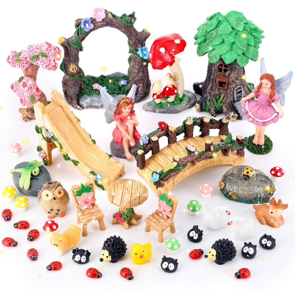44 Pcs Fairy Garden Kit Miniature Fairy Garden House Accessories with Resin Elves Animal Plant Furniture Tiny Figurines Decor, Enchanted Spring Micro Landscape Ornaments for DIY Dollhouse Terrarium