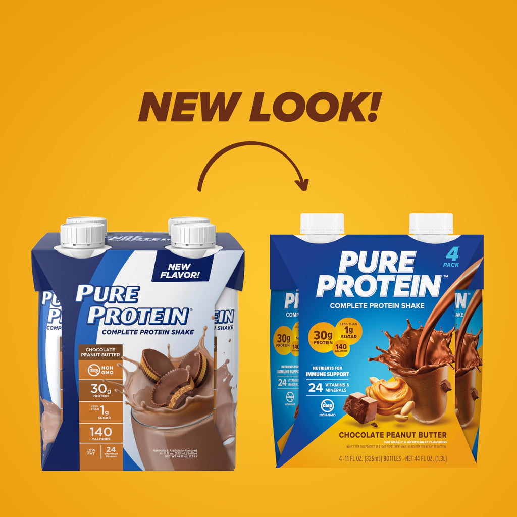 Pure Protein Complete Protein Shake, Chocolate Peanut Butter, 30g High Protein Drink, Less than 1g Sugar, 3g Fiber, Ready to Drink, Non GMO, On-the-Go Shakes, 11oz Bottles, 12 Pack