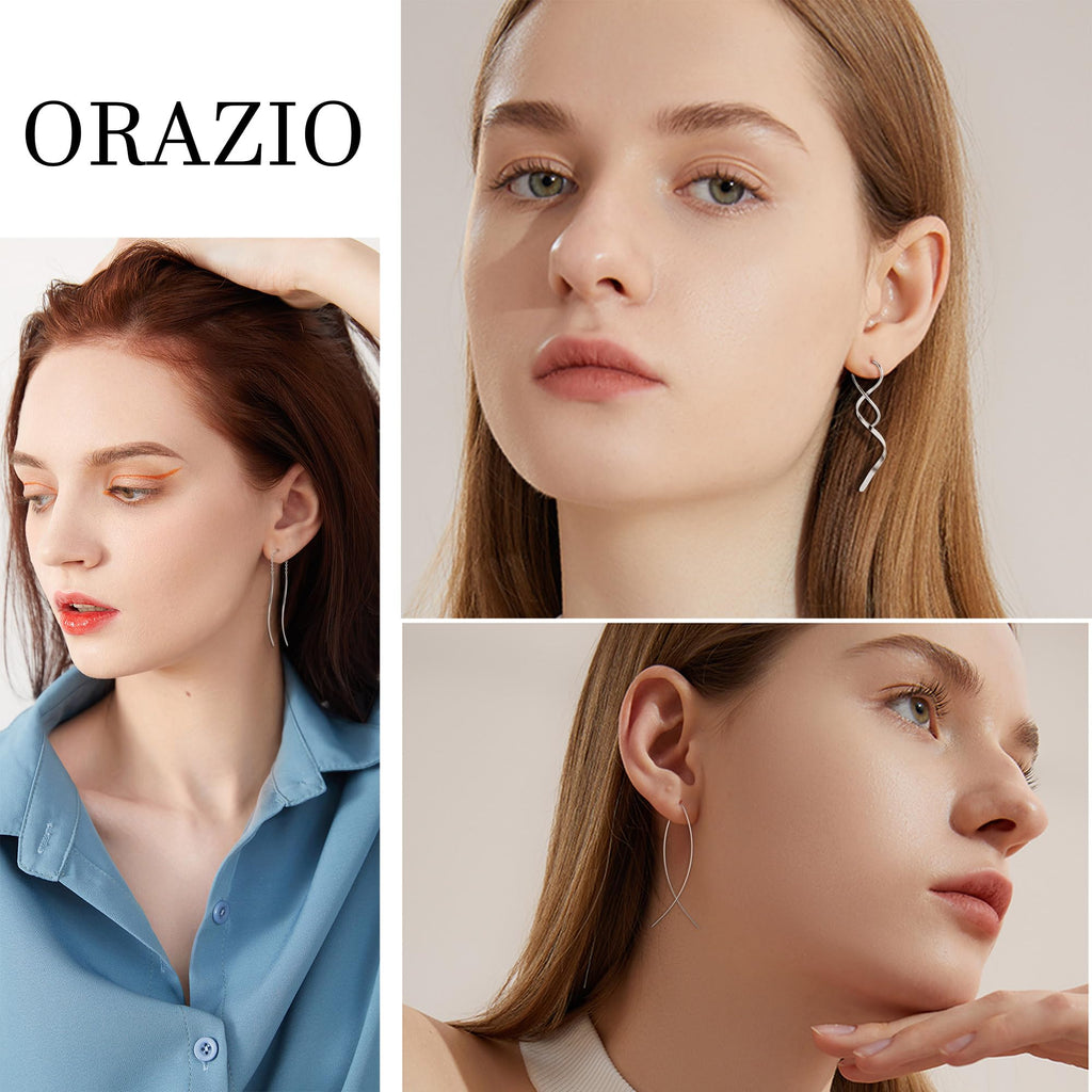 ORAZIO Threader Earrings for Women Stainless Steel Chain Earrings, Silver