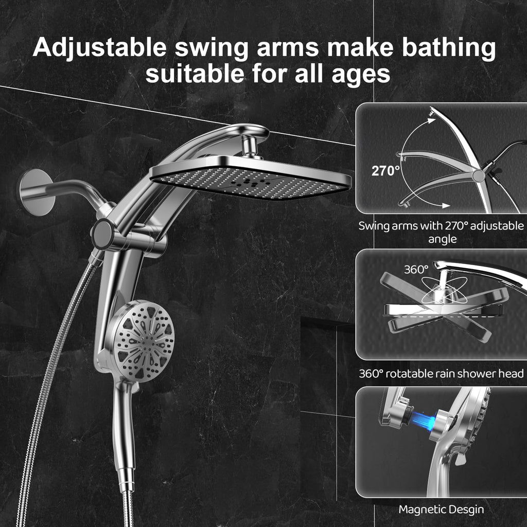 Rain Shower Head with filtered Handheld High Pressure rainfall Shower Heads with Handheld Spray Combo Adjustable one-piece stand daul shower head Built-in Magnetic Docking and Power Jets