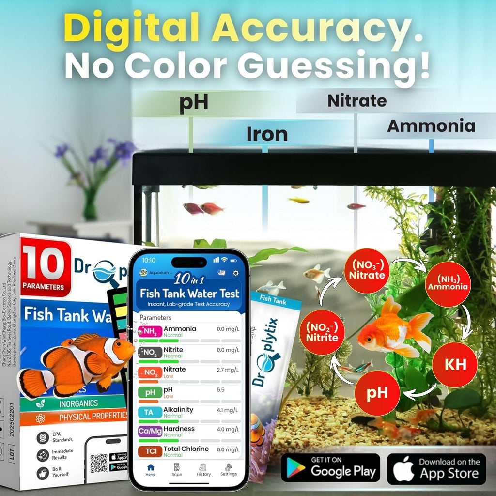 DROPLYTIX Digital Aquarium Water Test Kit, App-Enabled 10-in-1 Freshwater & Saltwater Aquarium Test Strips for Fish Tanks, Shrimp, Reef Test Strips, pH, Ammonia, Nitrate, Nitrite, GH, KH, Chlorine