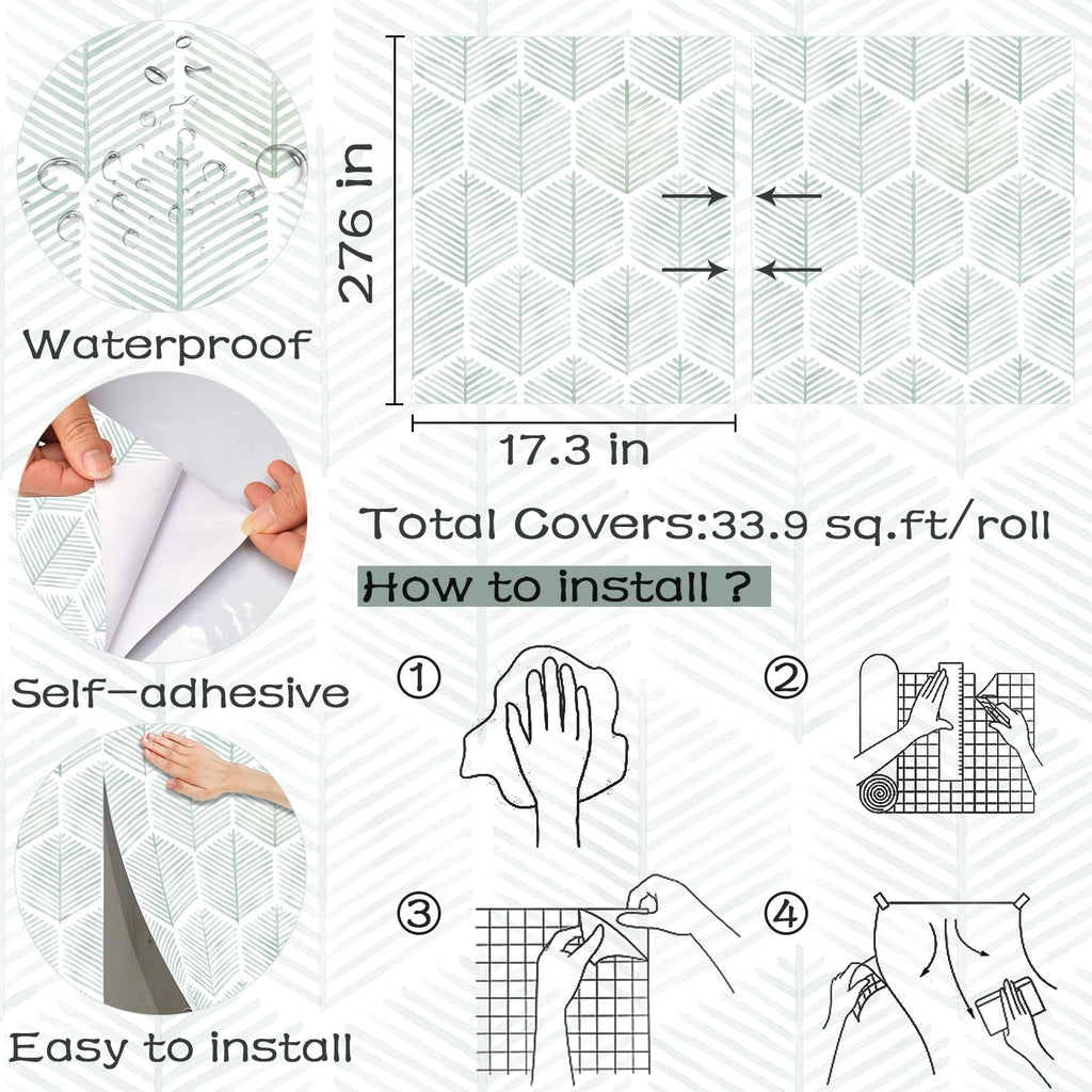 Modern Peel and Stick Wallpaper 17.3''×276'' Geometric Wallpaper Boho Contact Paper Green and White Self-Adhesive Wall Paper Removable Decorative Wallpapers for Bedroom Bathroom Cabinets Decor Vinyl