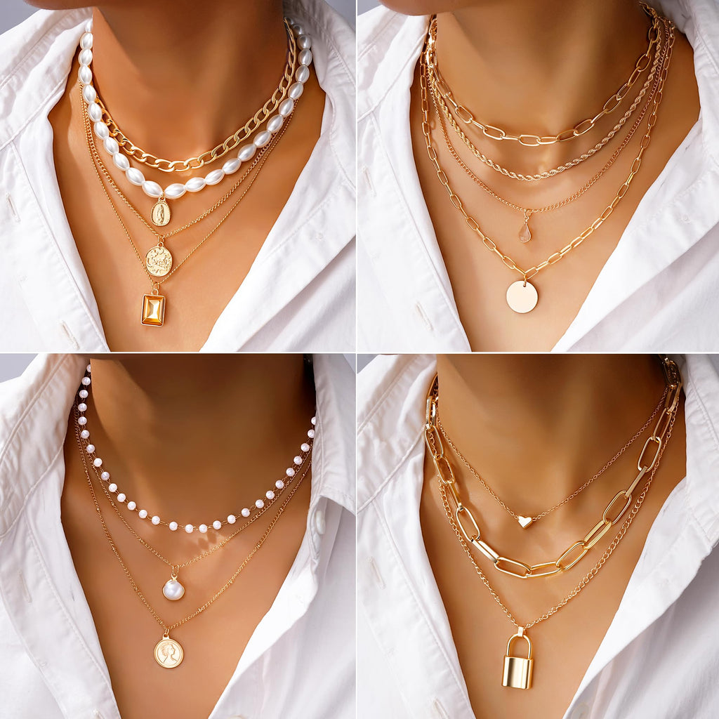 FAXHION 68 Pcs Gold Jewelry Set for Women with 7 Necklace, 17 Bracelet, 5 Hoop Earrings, 15 Stud Earrings, 24 Knuckle Rings for Women Jewelry Set for Women Gift