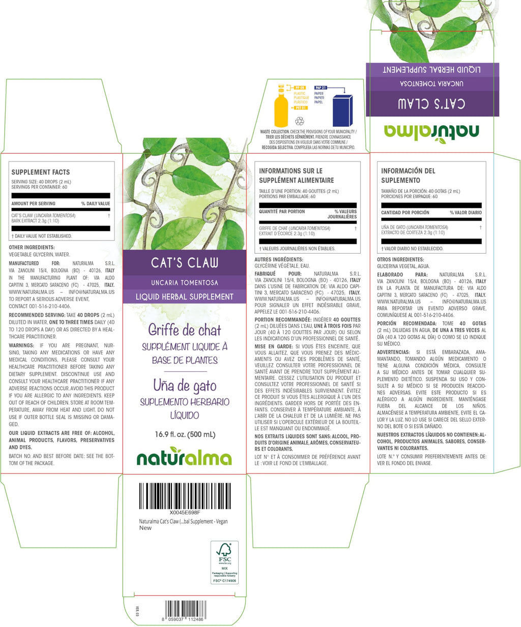 Naturalma Cat's Claw (Uncaria tomentosa) bark Alcohol-Free Tincture - 16.9 fl oz Liquid Extract in Drops - Herbal Supplement - Vegan