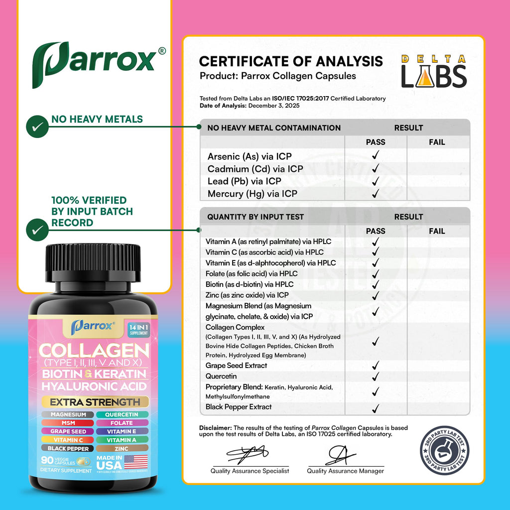 Parrox Collagen Peptides Types I, II, III, V & X, MCG Biotin, Keratin, Hyaluronic Acid, MSM, Zinc, Grape Seed Extract, Quercetin, Vitamin A, Vitamin C, Vitamin E, Magnesium, Folic Acid (90 Capsules)
