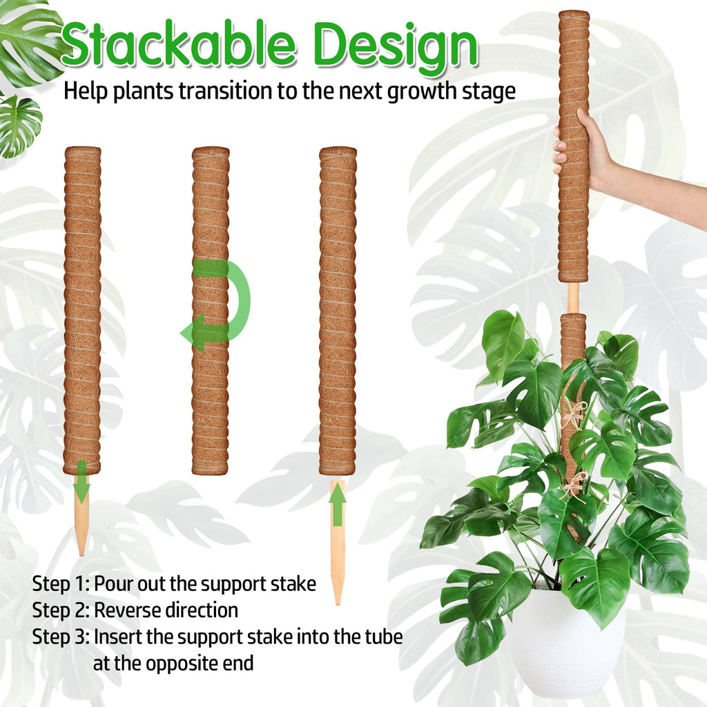 ROADPLUM 102 Inch Moss Pole for Plants Indoor (2*21.7", 2*16.5", 2*12.6") 6Pcs Coco Coir Pole Monstera Plant Support Pole for Plants Climbing with 65.6ft Twist Tie, Plant Tie and Jute Rope for Potted