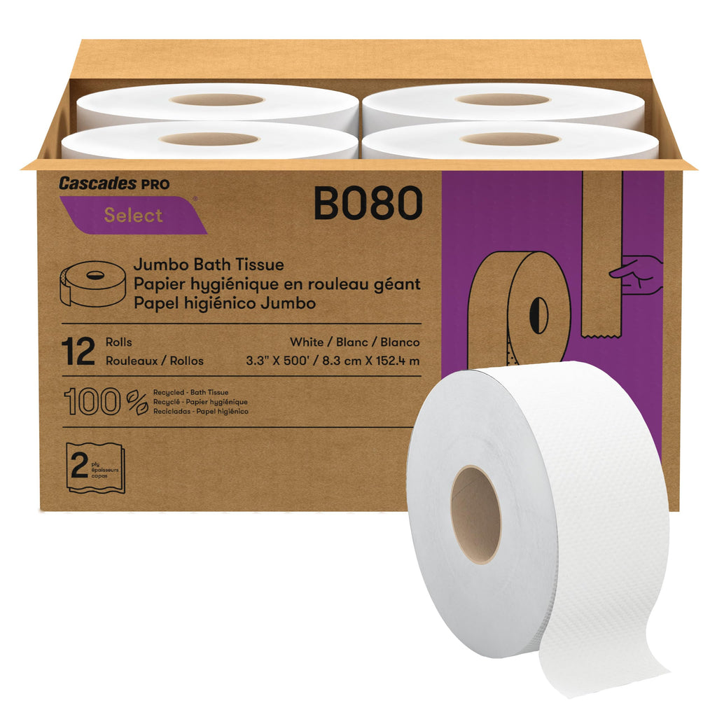Cascades PRO Select Jumbo Bath Tissue – 2-Ply Toilet Paper – Fits Universal Jumbo Roll Dispensers – Soft, Durable, and Septic Safe – 500' Length/Roll, 12 Rolls/Box – B080 – White