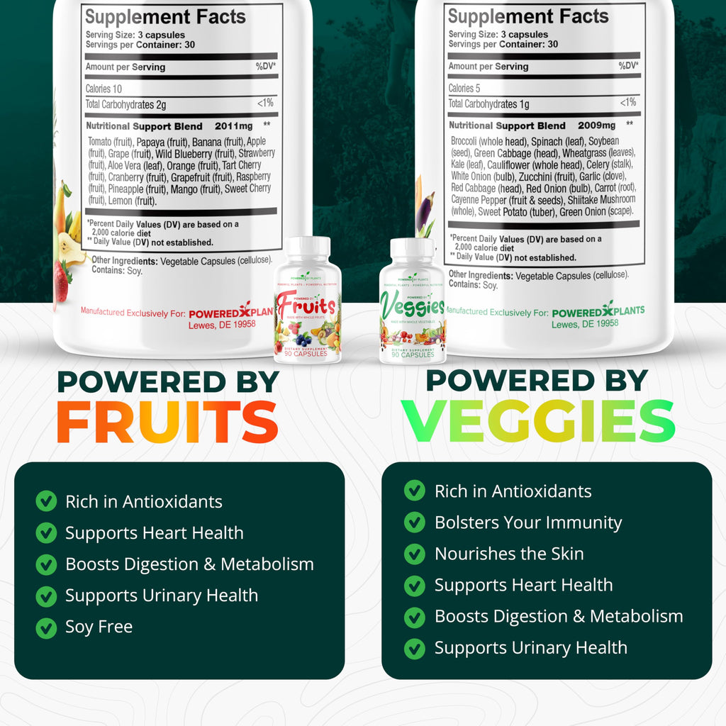POWERED X PLANTS Fruits & Veggies Capsules - Natural Superfood Packed with Vitamins & Minerals - Fruit & Vegetable Supplements for Adults Pack of 6, 90 Capsules Each