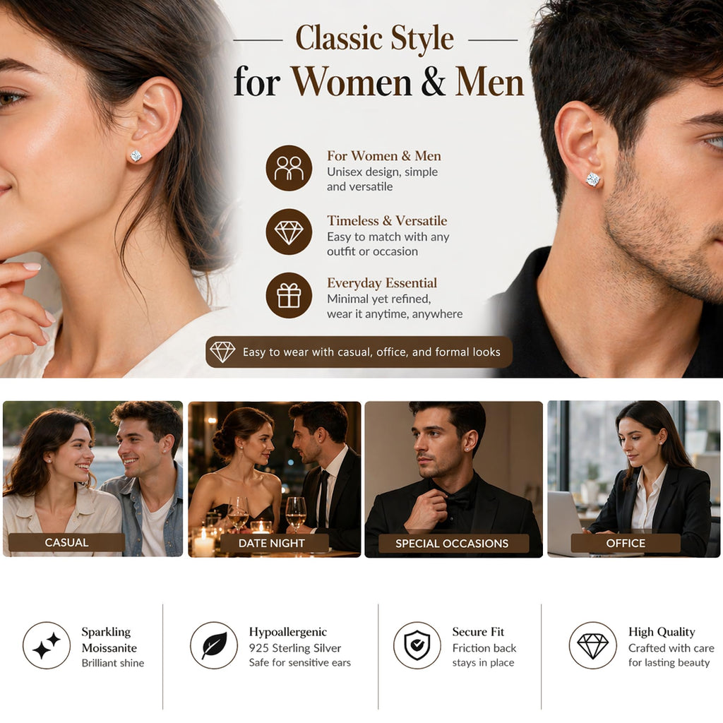 Impalsory 1CT Moissanite Stud Earrings for Women and Men, 6.5mm, 4 Prong