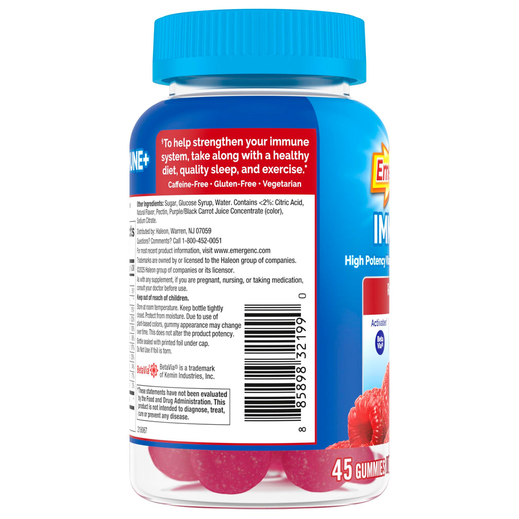 Emergen-C Immune+ Triple Action Immune Support Gummies, BetaVia (R), 1000mg Vitamin C, B Vitamins, Vitamin D and Antioxidants, Raspberry – 45 Count