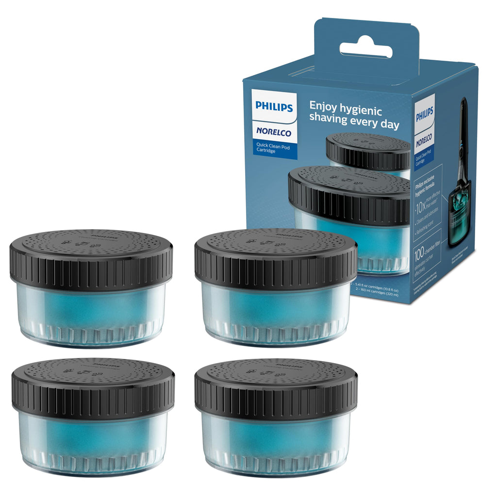 Norelco Philips Quick Clean Pod Cartridge, Lubricates Shaver and Eliminates Cut Hair, 4x 5.4 fl oz Cartridges (Up to 1yr Supply), BD9010AZ