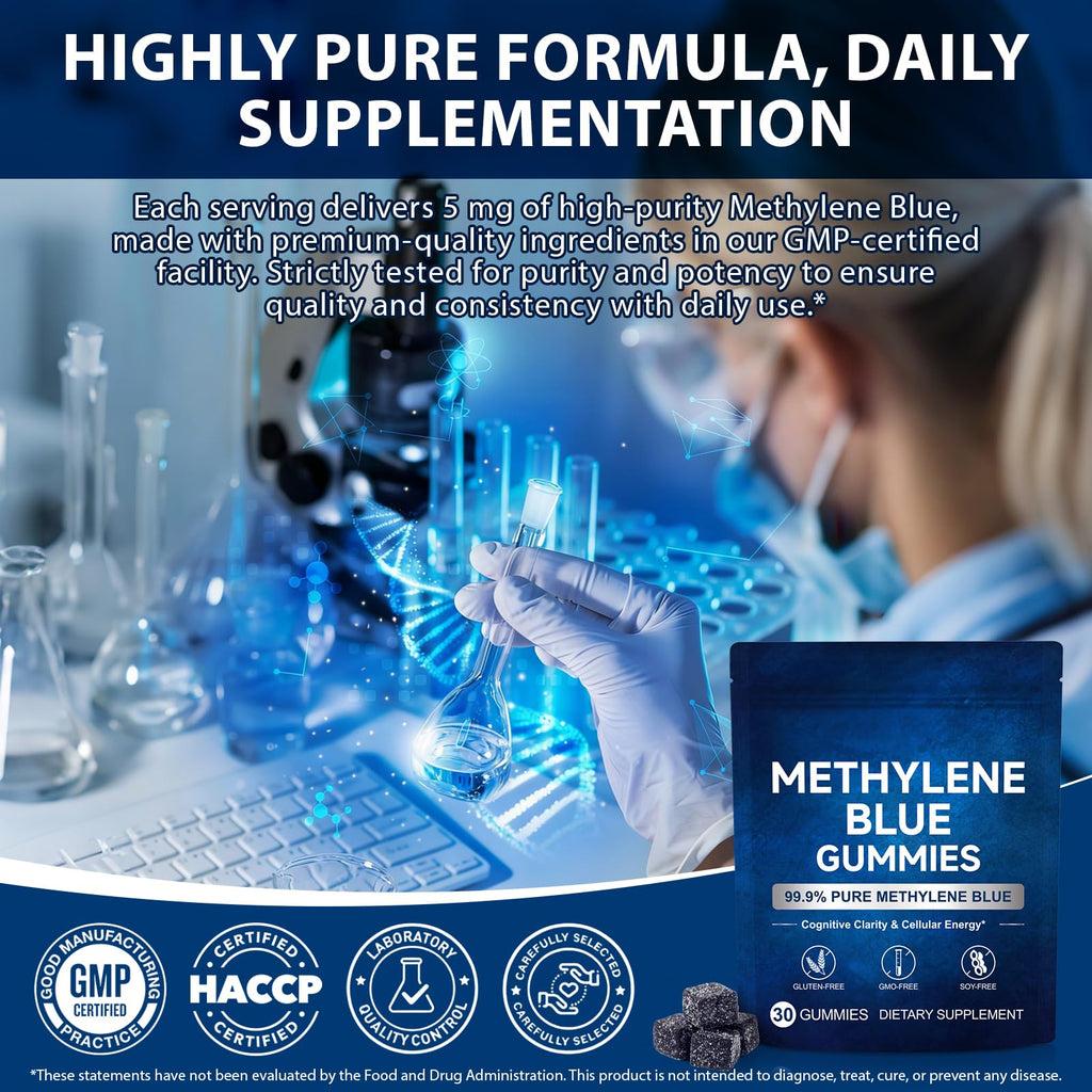 Methylene Blue Gummies 5mg Per Serving, Supports Cognitive Function, Cellular Energy, Mental Focus, Antioxidant Activity, 99.9% Pure, Vegan | 30 Gummies