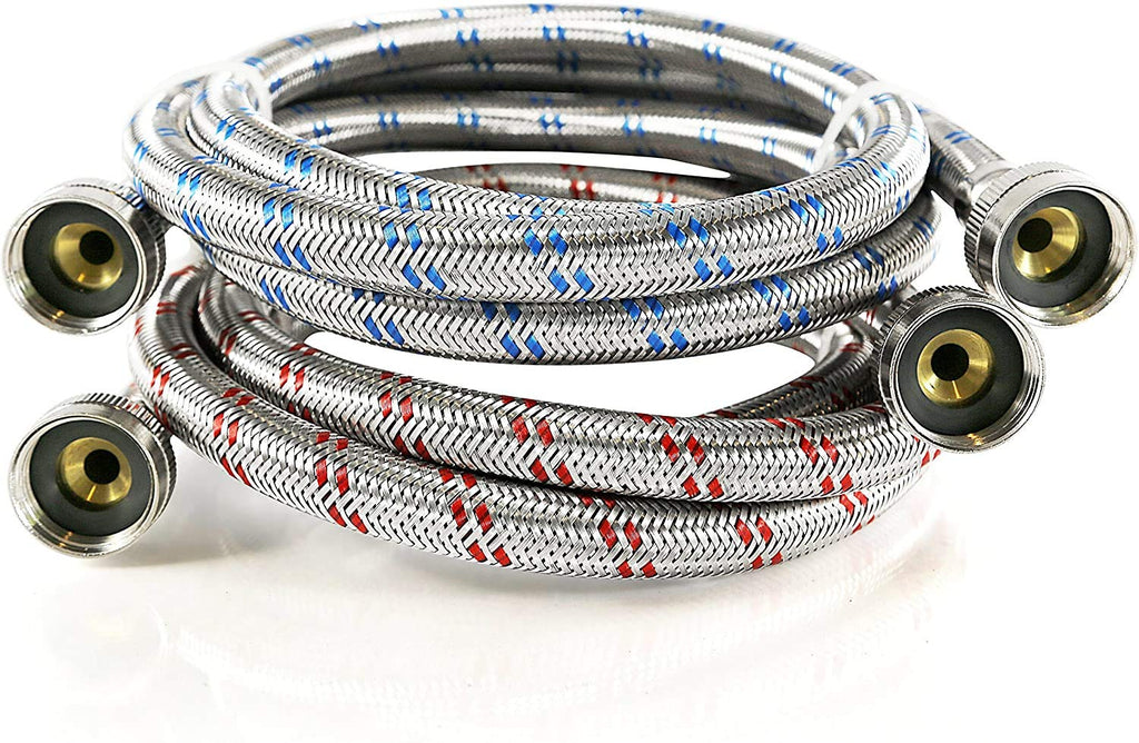 K&J Premium 4ft Stainless Steel Washing Machine Hoses Burst Proof 2 Pack - Hot and Cold Water Supply Hoses for Washing Machines