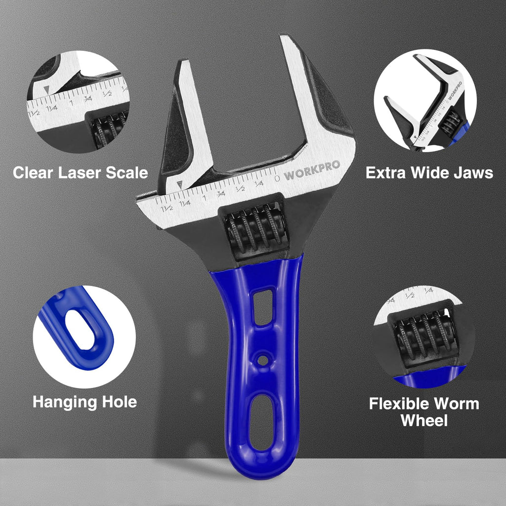 WORKPRO 6-Inch Stubby Adjustable Wrench, 1.5-Inch Extra Wide Jaw Opening Wrench, Metric/SAE Scales, Cr-V Steel, Ideal for Work in Confined Spaces