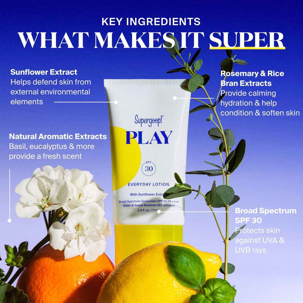 Supergoop! PLAY Everyday SPF 30 Lotion, 5.5 oz - Broad Spectrum Sunscreen - Water & Sweat Resistant Body & Face Sunscreen - Great for Active Days