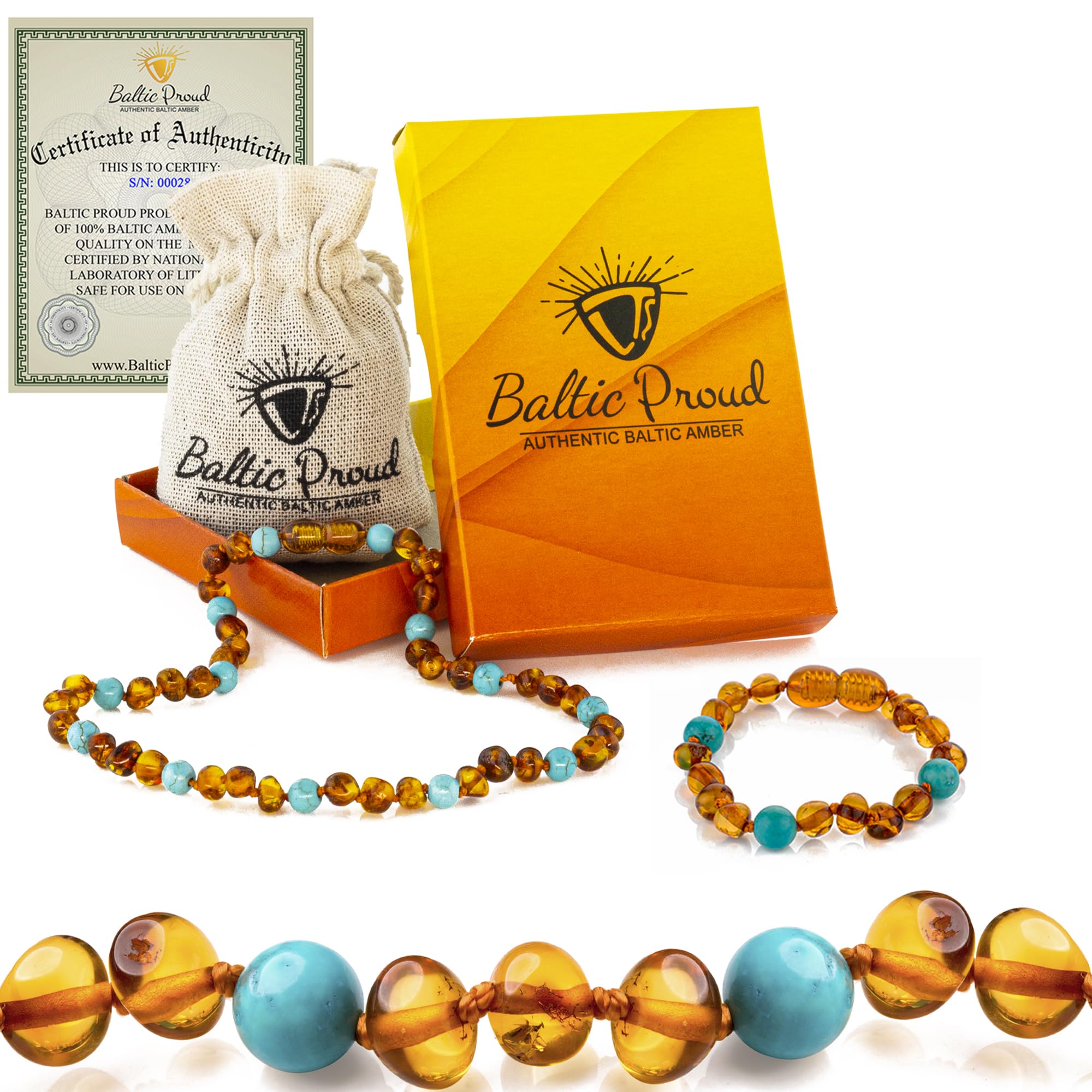 Baltic Amber Necklace & Bracelet Gift Set, Cognac Turquoise, 12.5"/5.5"