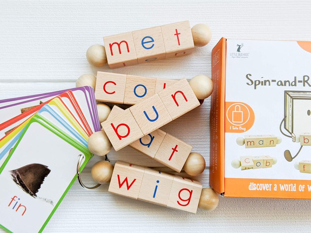 LITTLE BUD KIDS Spin-and-Read Montessori Phonetic Reading Blocks with CVC Phonics Flashcards for Beginner Readers, Montessori Reading Wooden Toys for 3 Years +