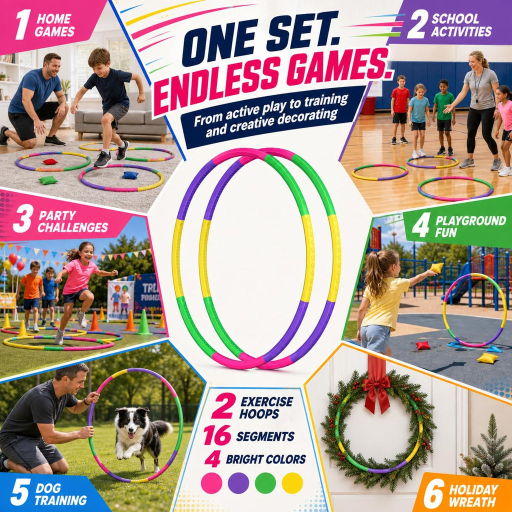 2 Pack Color Hoop - Size & Length Adjustable, Plastic Toys for Kids & Party Games, Gymnastics & Dog Agility Equipment, Christmas Wreath