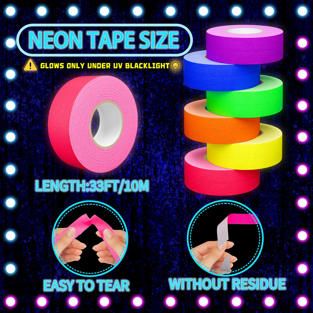 SWRT 6 Rolls (1 in x 33 Ft) Neon Gaffer Cloth Tape for Halloween Decor