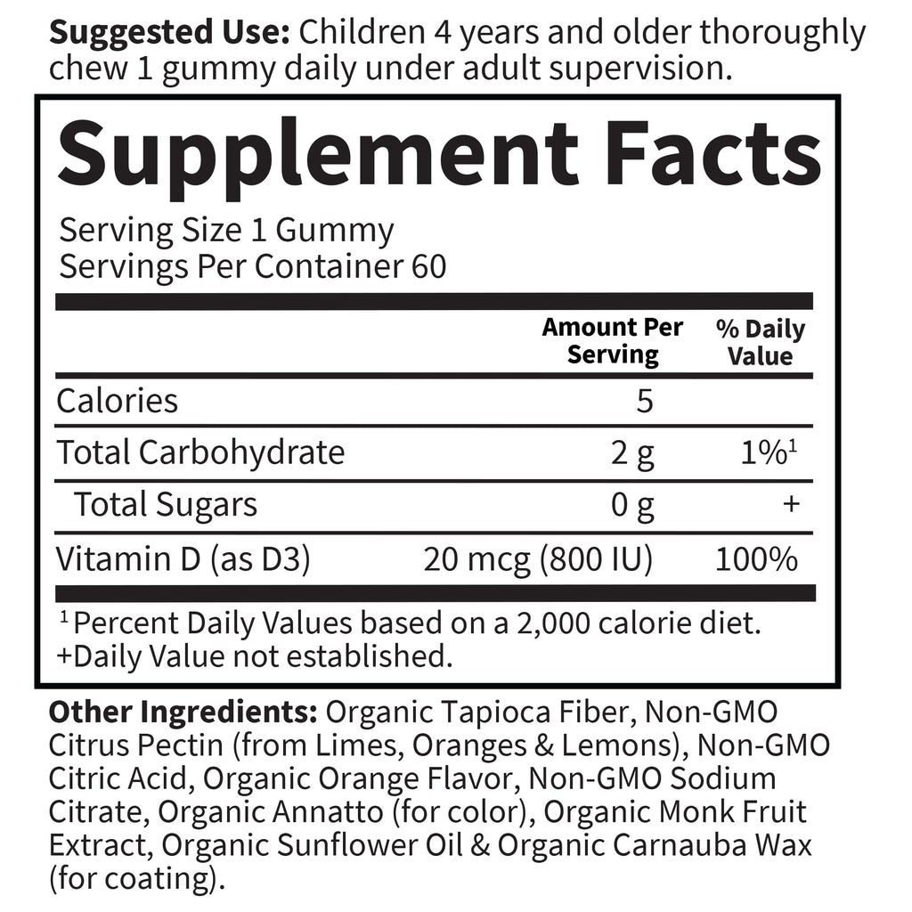 Garden of Life Kids Organic Vitamin D3 Gummies with 800 IU (100% Daily Value) for Strong Bones,Teeth,Brain & Immunity – Non-GMO,No Gluten,Vegetarian,Sugar Free,Orange Flavor,60 Count(Pack of 2)