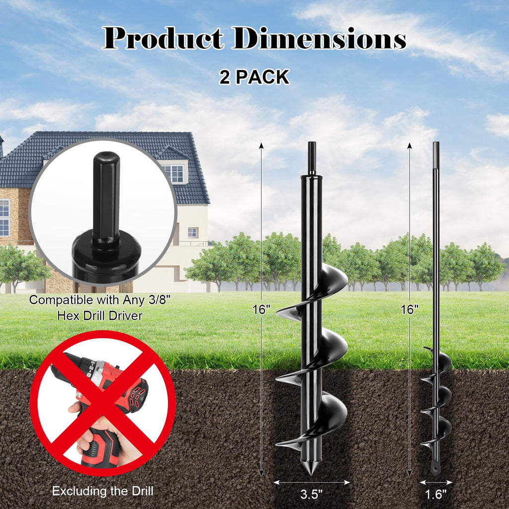 Tegarbed Auger Drill Bit for Planting 2 Pack,1.6x16 inch&3.5x16 inch,Auger Drill Bit Suitable for 3/8'' Hex Drill Driver,Garden Spiral Hole and Planter for Bulbs,Fence Posts,and Umbrella Holes