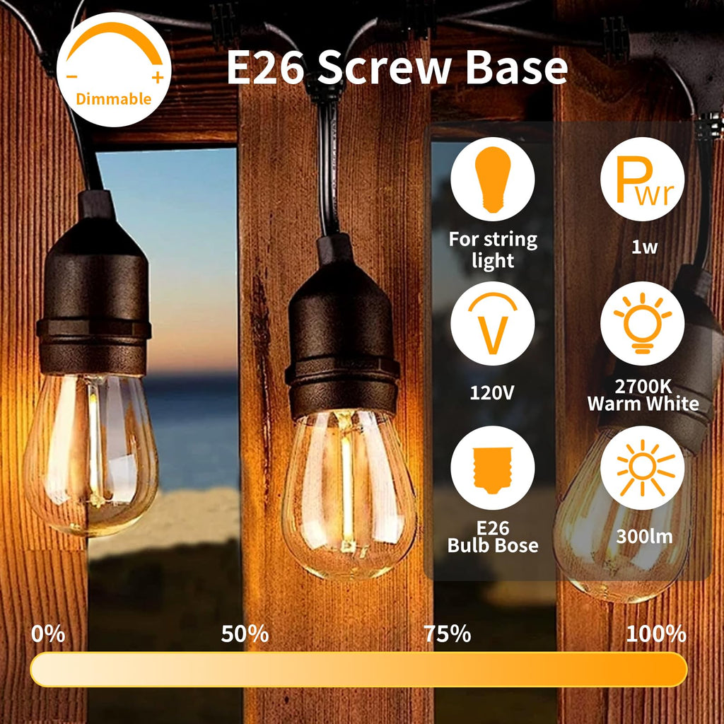 Sdduenled 24Pack S14 Shatterproof LED Bulbs, E26 Screw Base Replacement for Outdoor String Lights - 1W Dimmable (Equal to 11W) 2700K Warm White, Weatherproof Patio Decor 120V