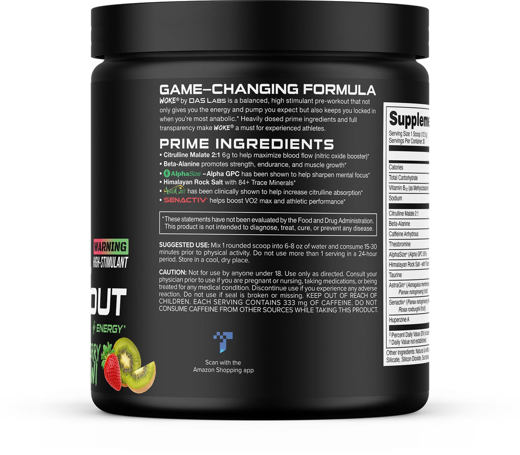 Bucked Up - Woke - HIGH STIM Pre Workout - Best Tasting - Focus Nootropic, Pump, Strength and Growth, 30 Servings (Strawberry Kiwi)