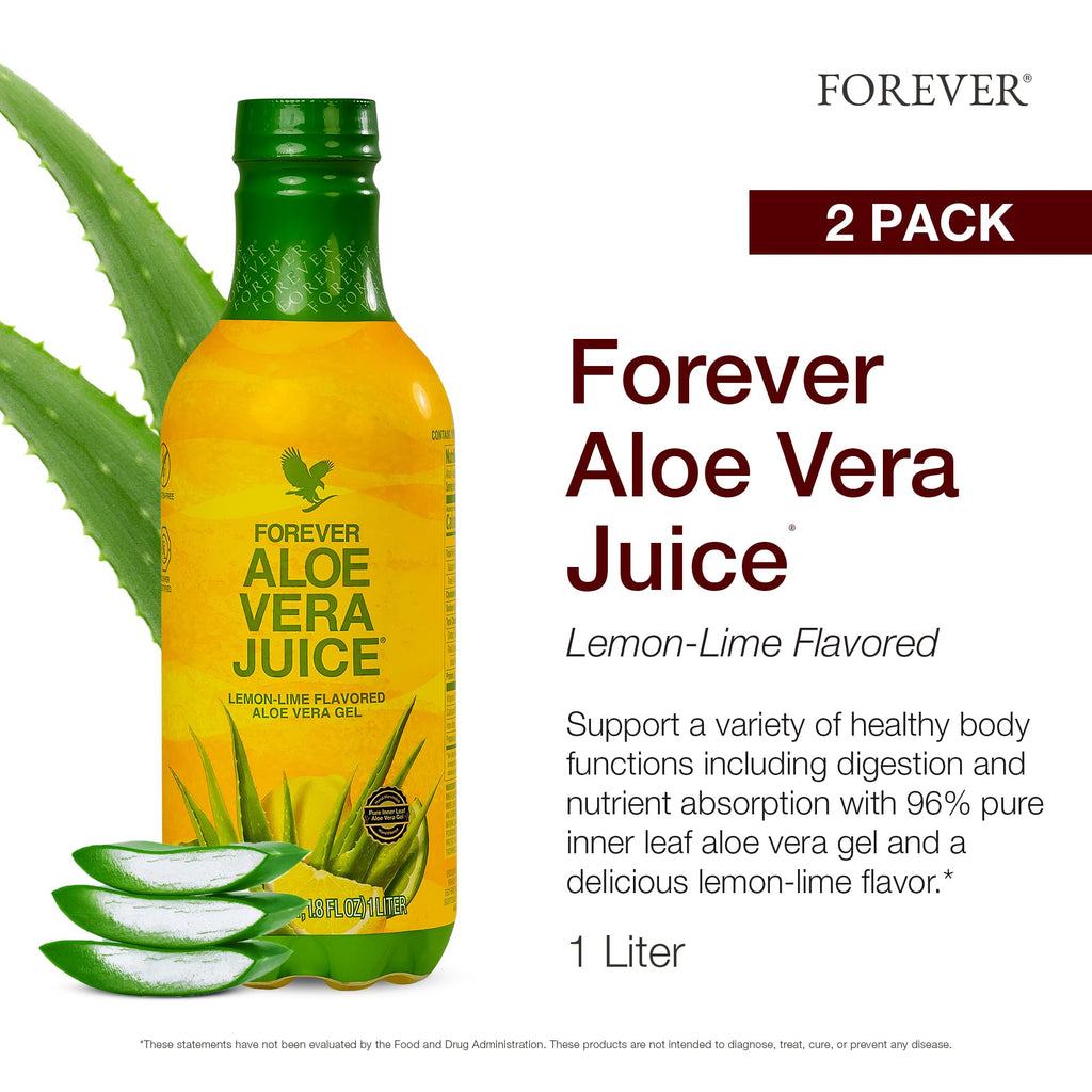 Forever Living - Aloe Vera Juice - Lemon Lime Flavor with Pure Inner Leaf Gel - Supports Digestion and Immunity - 1L Each (Pack of 2)
