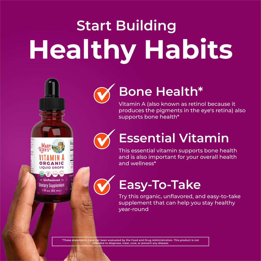 MaryRuth Organics USDA Organic Vitamin A Liquid Drops | 3 Month Supply | Bone Health for Ages 14+ | Essential Vitamin | 750mcg per Serving | Sugar Free | Vegan | Non-GMO | Gluten Free | 1oz