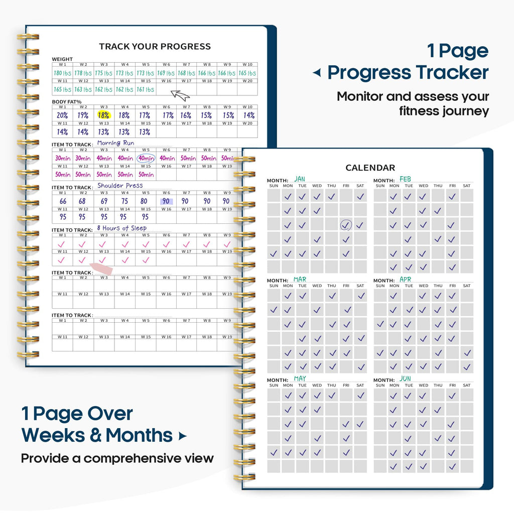Fitness Workout Journal for Women & Men, A5(5.5" x 8.7") Workout Log Book Planner for Tracking, Progress, and Achieving Your Wellness Goals-Navy Blue