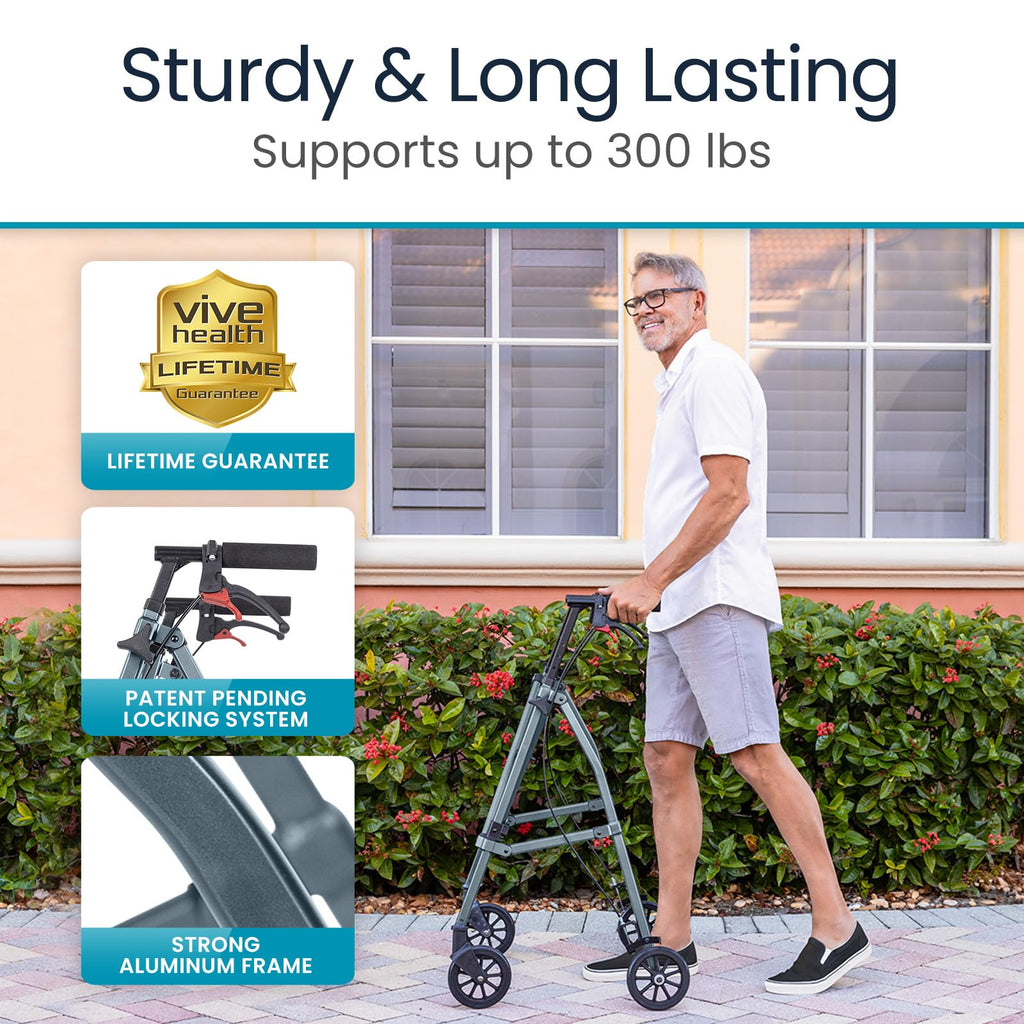 Vive Mobility Lightweight Walker for Seniors - Narrow, Folding Walker w/Wheels for Small & Tight Spaces - Light Weight for Balance, Compact Doorways, Foldable - Portable & Collapsible for Travel