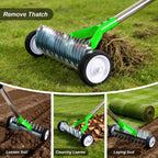 Thatch Rake, Adjustable Garden Rake Head and 38"–65" Handle with Wheels, 21 & 11 Dual-Sided Steel Tines, Heavy-Duty Lawn Dethatching Rake for Grass, Soil Loosening，Landscape and Lawn Care（Green）