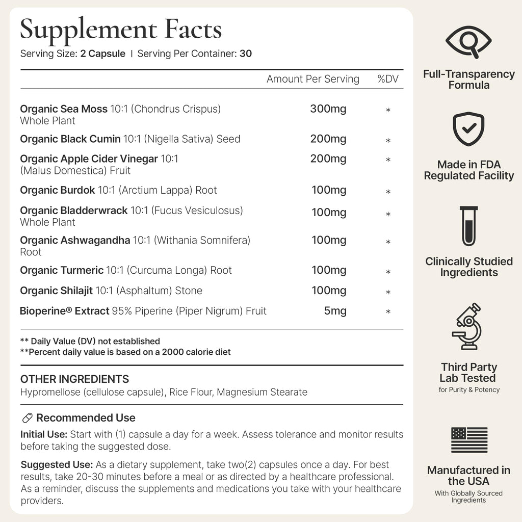 Restore Organic Sea Moss Mineral Complex – Daily Mineral Support with Black Seed Oil, Bladderwrack, Burdock, Ashwagandha, Turmeric, ACV & Shilajit – BioPerine® Enhanced Absorption (60 Capsules)