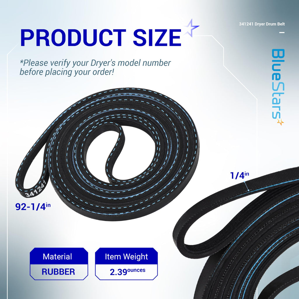BlueStars 341241 Dryer Drum Belt - Compatible with Whirlpool Kenmore Dryers - Replaces 8066065 AP2946843 W10127457 PS346995 14210003 31531589 31001026 3394651 529597 - Pack of 4