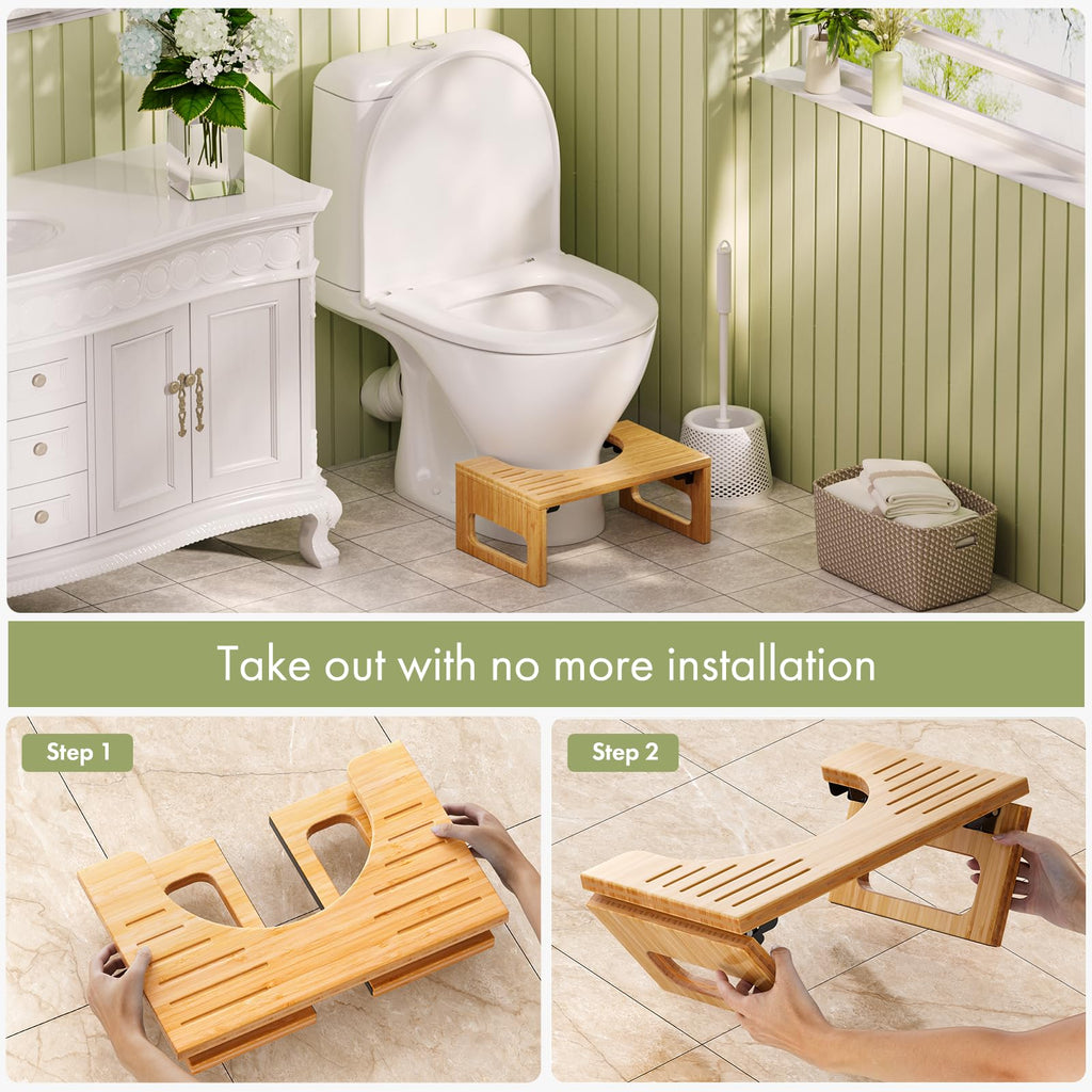 AmazerBath 7 Inches Bamboo Toilet Stool Squat for Adult, Foldable Squatting Potty Stools for Bathroom, 0.79" Thickness Poop Stool with Non-Slip Strip, Space-Saving, No Assembly Required, Natural Color