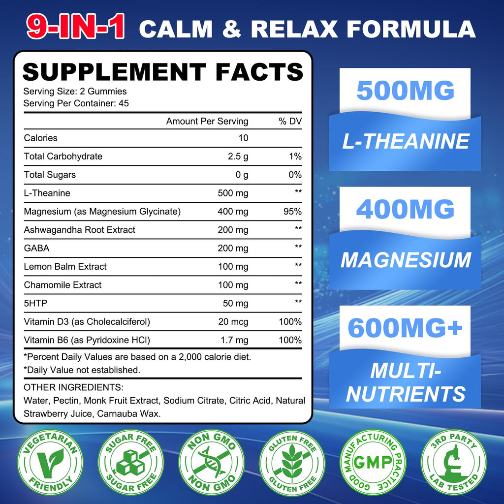 GlaGmrry 90 Count | L Theanine Gummies, L Theanine Supplement for Adults & Kids, w/Ashwagandha, Magnesium, GABA & 5-HTP, Sugar Free Liposomal Formula for Calm Relax zzZ M♡♡d & Focus, Vegan