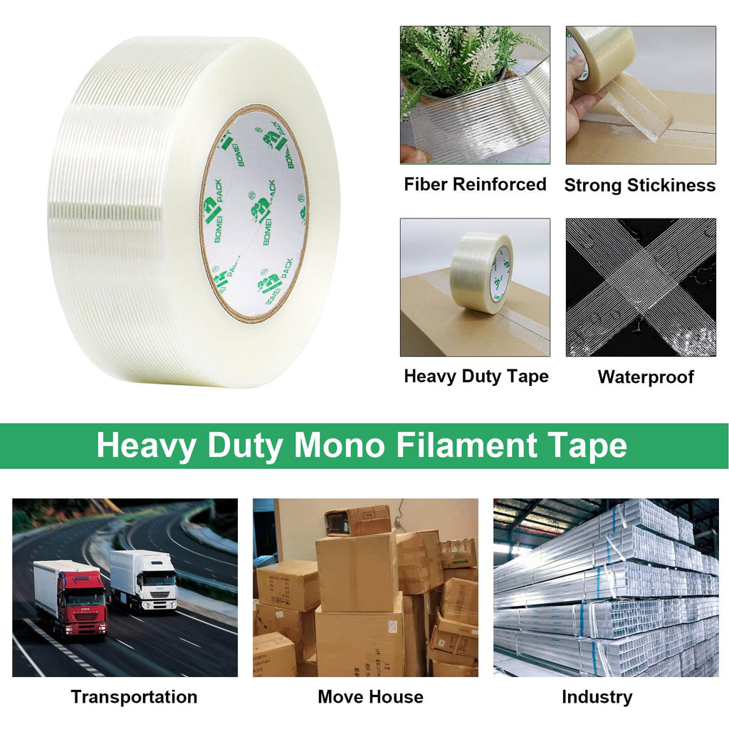 BOMEI PACK Filament Strapping Tape, 5.5 Mil 2 Inch x 60 Yards, Heavy Duty Reinforced Fiberglass Packing Tape, 2 Pack