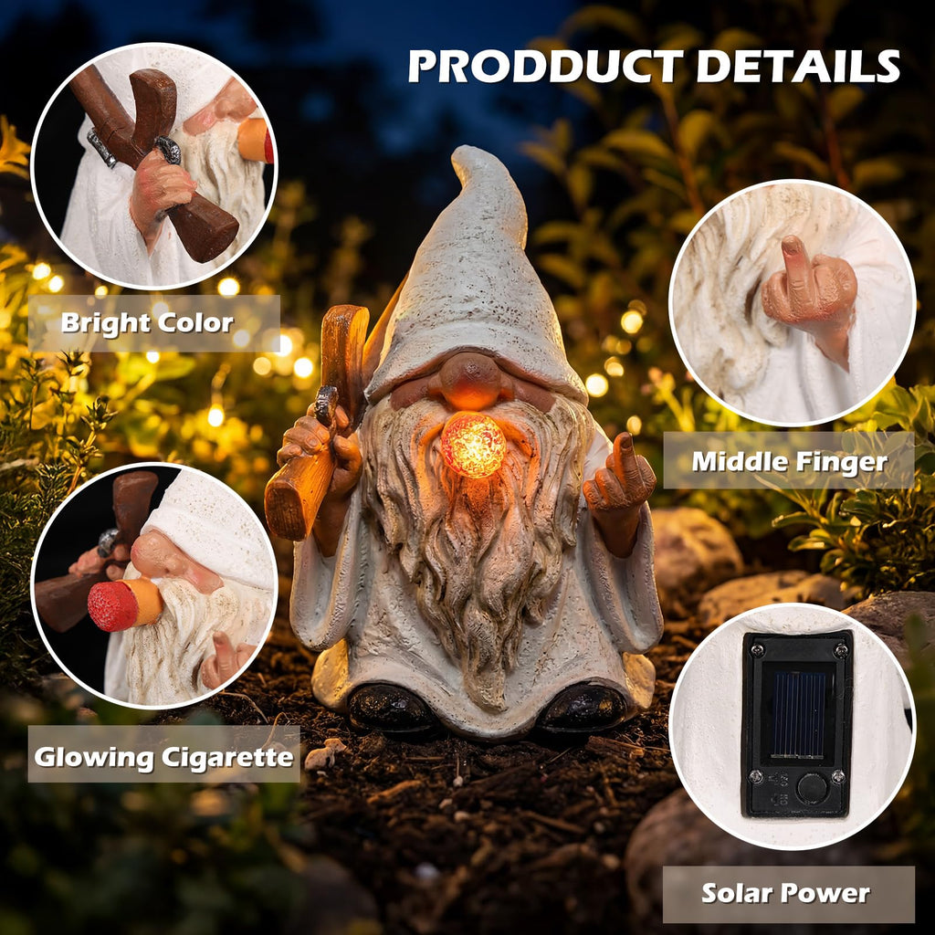 EXYGLO Solar Gnome Garden Statue Decor, 5.7" Middle Finger Gnome with Flickering Cigar Outdoor Funny Decoration for Lawn, Patio, Yard, and Unique Housewarming, Individual Birthday Ornament Gift